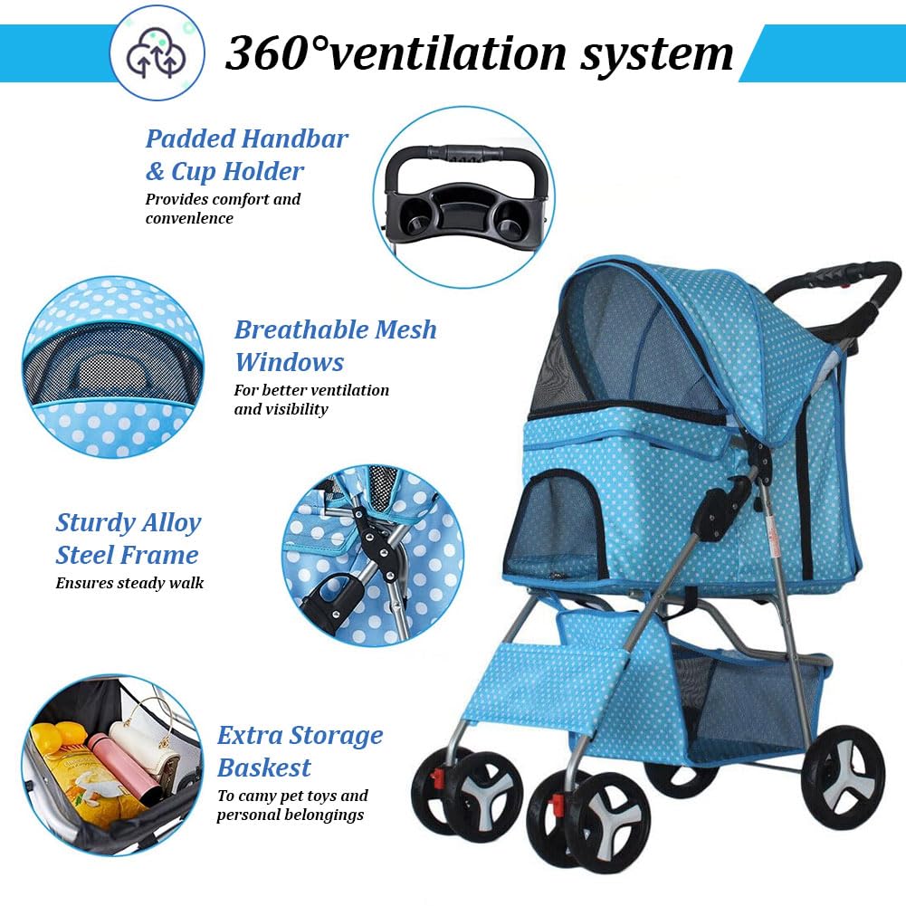 LWWJJ Pet Stroller 4 Wheels, Multifunction Dog Cat Jogger, Folding Lightweight Travel Stroller with Detachable Carrier & Cup Holder for Small/Medium Dogs and Cats, Red