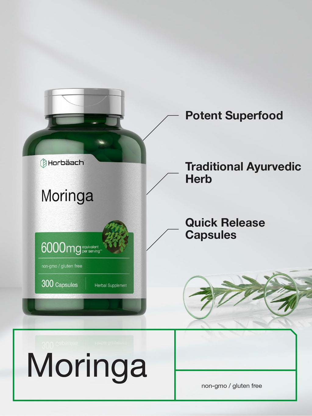 Horbäach Moringa Oleifera | 300 Powder Capsules | Non-GMO and Gluten Free Extract Formula | Complete Green Superfood