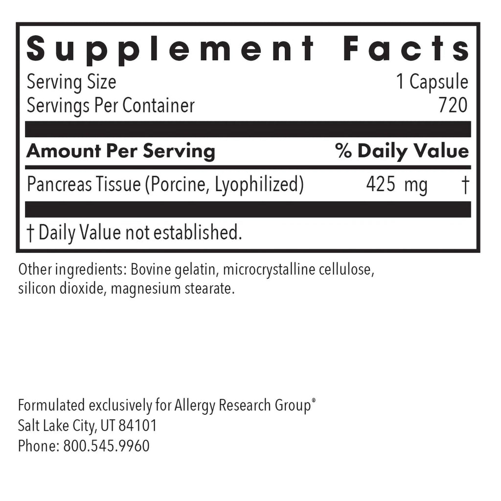 Allergy Research Group ARG Pancreas Natural Glandular - Supports Healthy Pancreas, Immune & Digestive Activity - 425 mg per Serving - Freeze Dried Tissue from Pork - 720 Servings - 720 Capsules