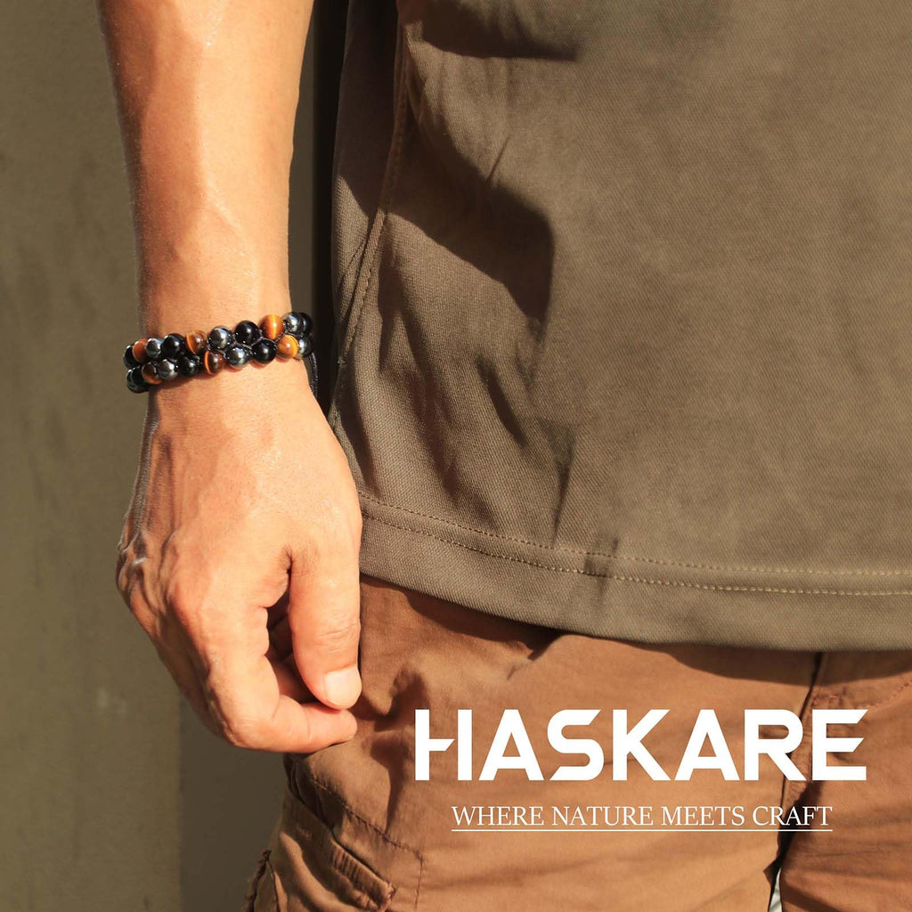 HASKARE Triple Protection Bracelet for Men - Genuine Tigers Eye Black Obsidian Hematite 8mm Natural Stone Beads Stretchy Healing Crystal Jewelry, Anxiety Relief Energy, Ideal for Dad Husband Christmas Birthday