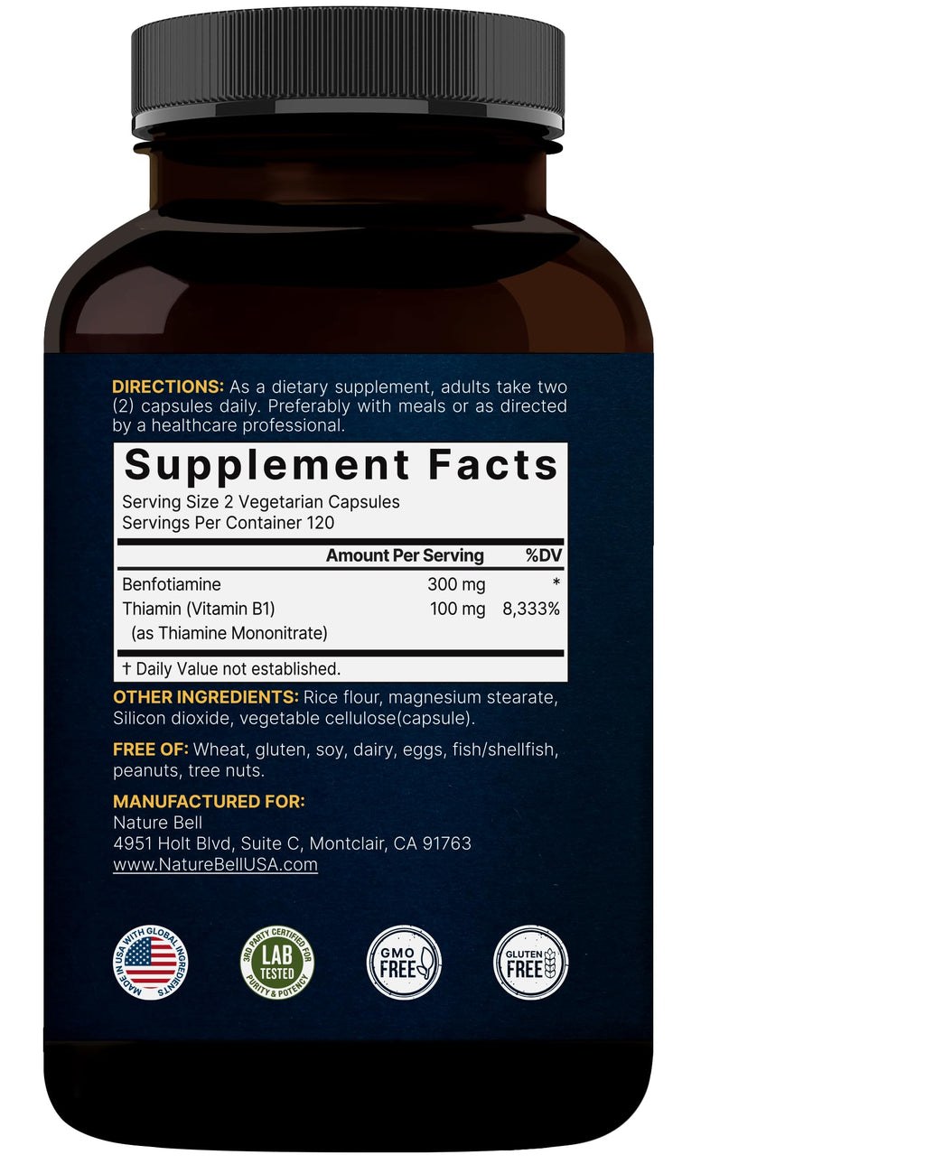 NatureBell Benfotiamine with Thiamine - 240 Vegetarian Capsules - 300mg Benfotiamine & 100mg Thiamine - for Heart Health, Energy Production & Nervous System Support* - Vitamin B1 Complex