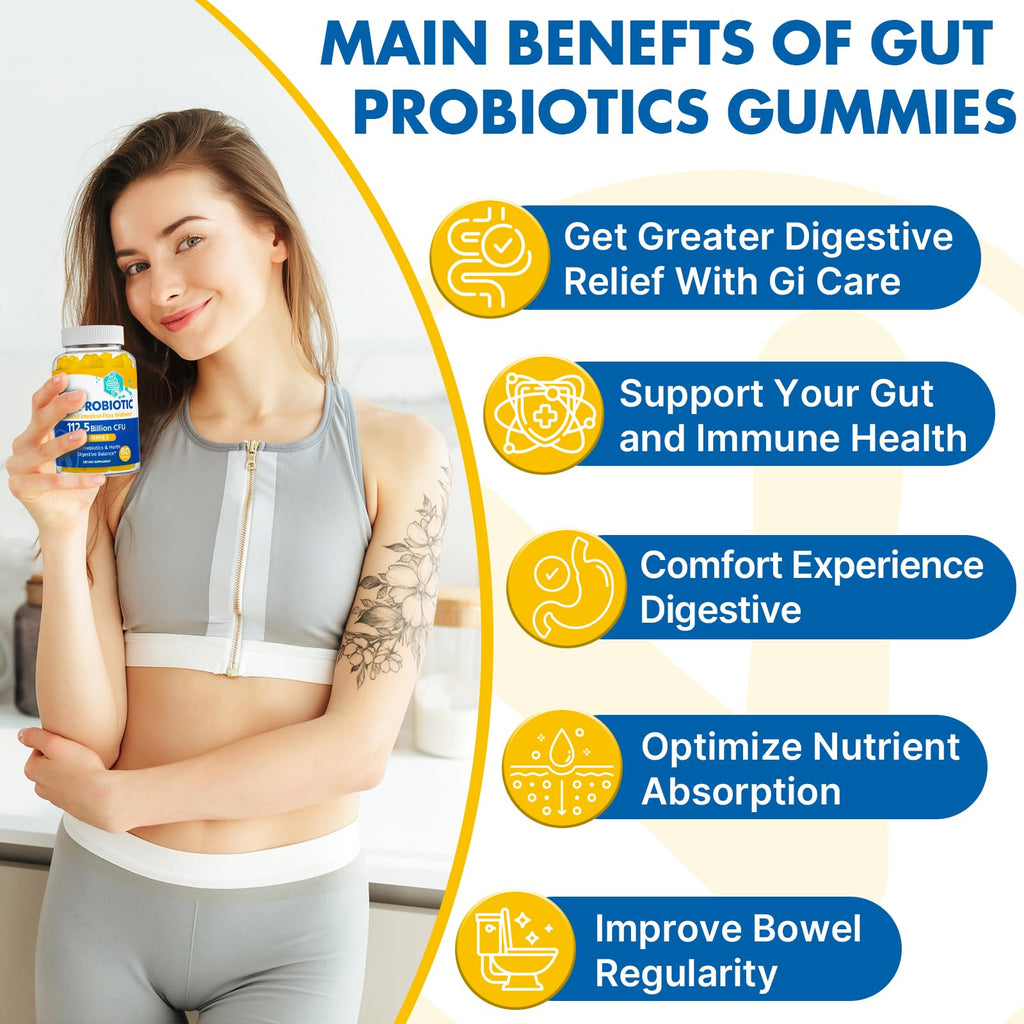 Gut Health & Probiotic Gummies, 112.5 Billion CFU, Sugar Free - 8 Strains + Prebiotics + Herbs - for Digestive, Immune, Diarrhea & Bloating - Gut Health for Women & Men, 60 Counts Probiotics Gummies