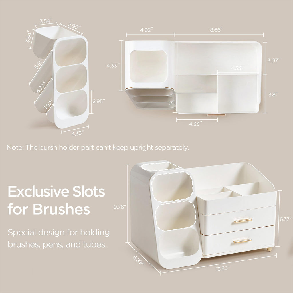 HBlife Makeup Organizer with Brush Holder for Vanity, Large Plastic Bathroom Countertop Organizer Skin Care Storage, Easy to Store Lipsticks, Nail Polishes, Perfumes, Eyeshadow Palettes, All White