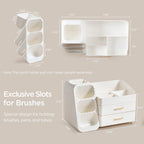 HBlife Makeup Organizer with Brush Holder for Vanity, Large Plastic Bathroom Countertop Organizer Skin Care Storage, Easy to Store Lipsticks, Nail Polishes, Perfumes, Eyeshadow Palettes, All White