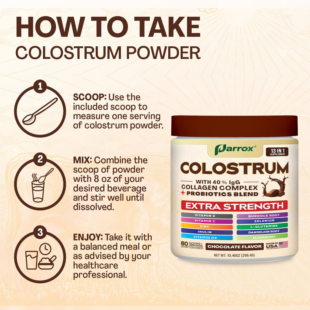 Colostrum Powder 40% IgG with Collagen, Probiotics, Chocolate, 60 Servings