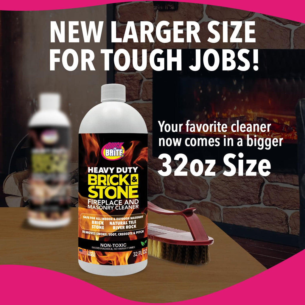 Quick'n Brite Fireplace Brick and Stone Cleaner 32oz with Scrub Brush - Natural Stone, Tile, and Marble Cleaner - Indoor Fireplace and Wood Stove Cleaning Kit - Pellet Stove Creosote Remover