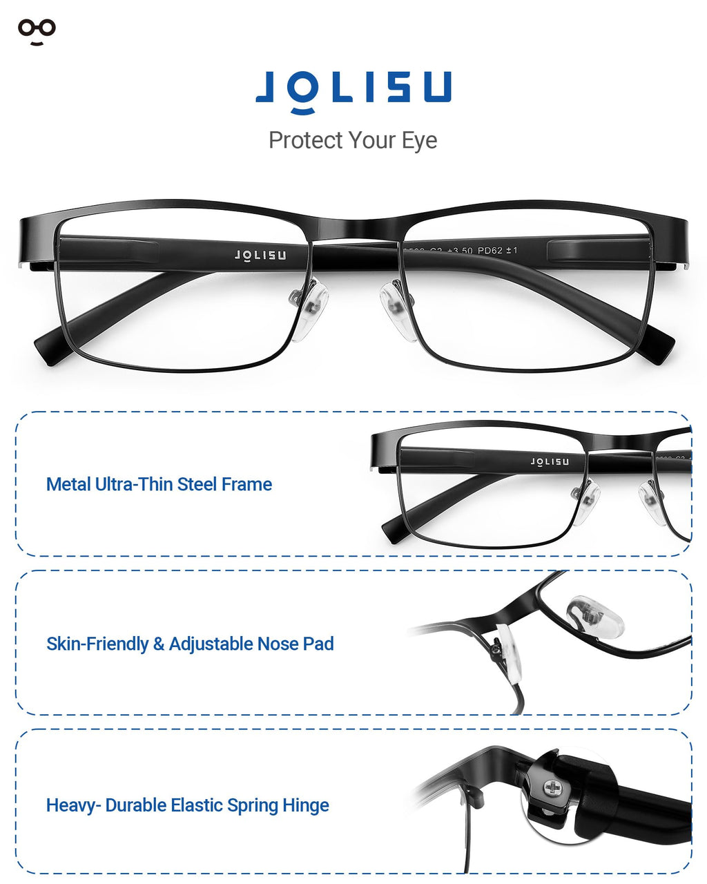 JOLISU 5PCS Reading Glasses Men - Blue Light Blocking Computer Metal Thin Frame Readers For Mens/Women （2.50）