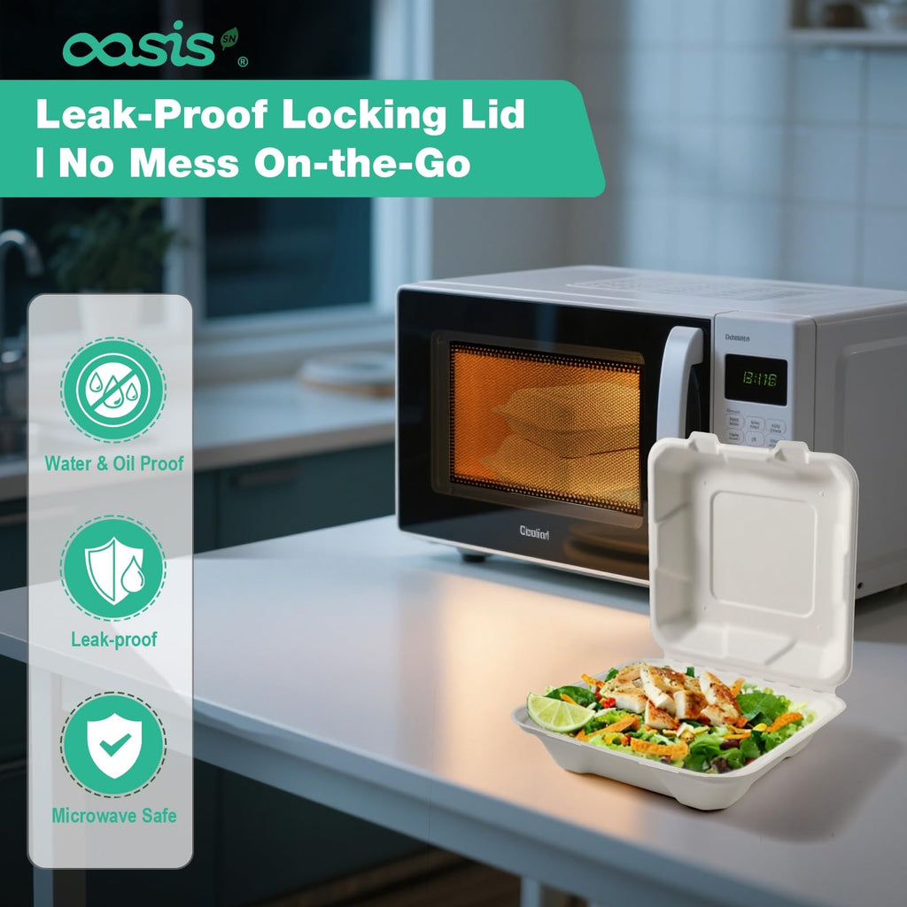 OasisSN 8×8", 68-Pack Disposable Clamshell Take Out Food Containers, Biodegradable Paper To Go Boxes for Burgers, Sandwiches, Fries & More (White)