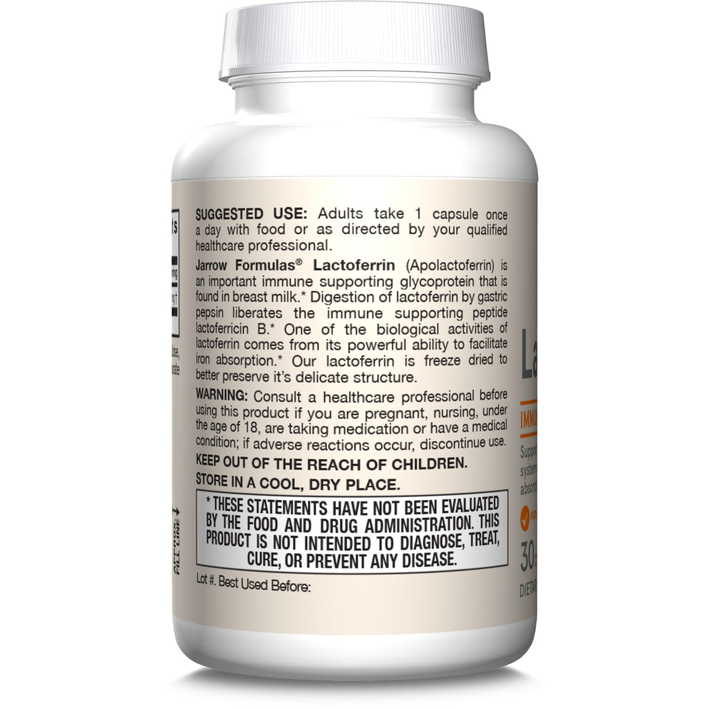 Jarrow Formulas Lactoferrin Supplements 250 mg - Immune-Supporting Glycoprotein for Healthy Immune System Support & Iron Absorption - Freeze Dried, Gluten Free, Non-GMO - 30 Capsules (Servings)
