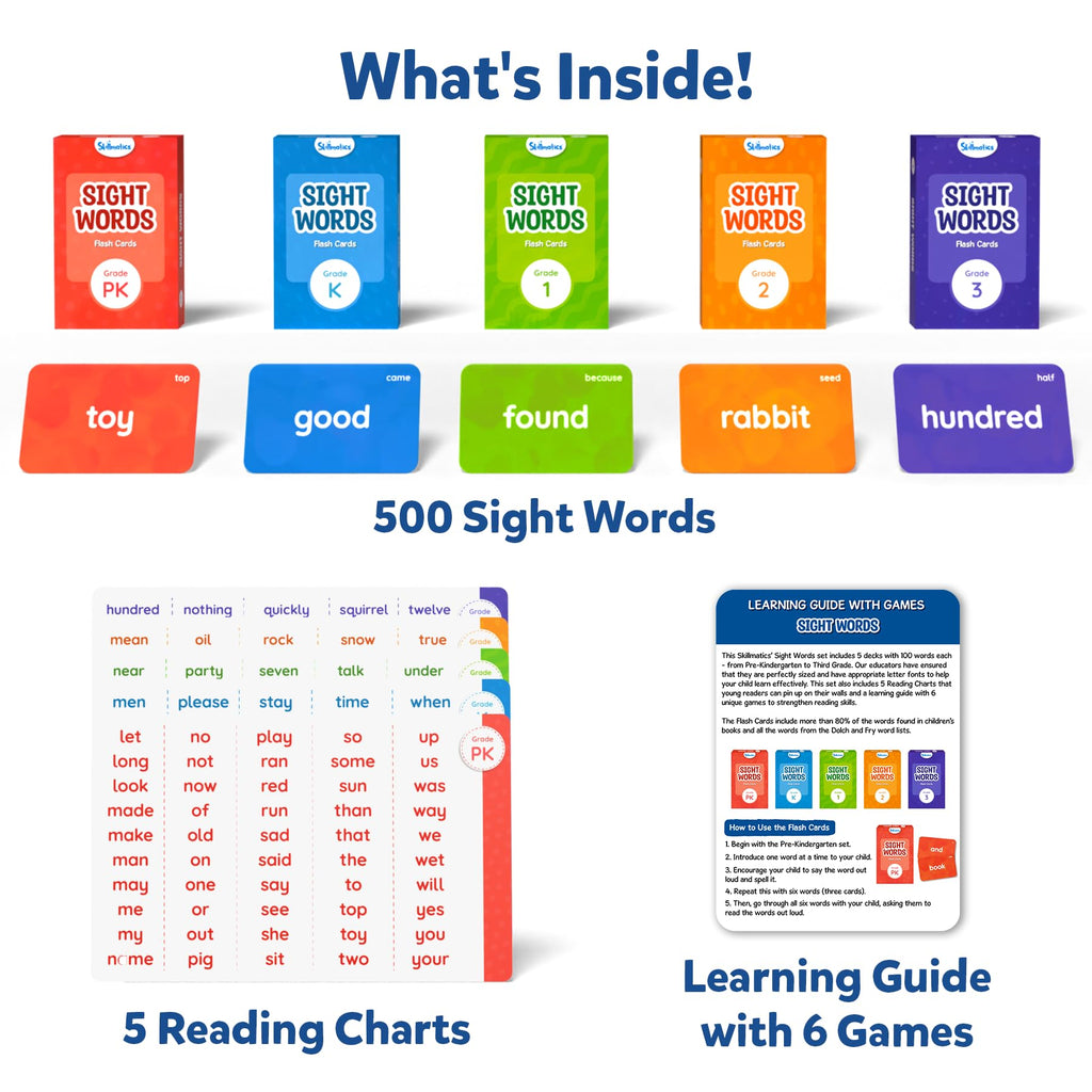 Skillmatics Flash Cards - 500 Sight Words for Preschool (Pre-K), Kindergarten, 1st, 2nd, 3rd Grade Gifts, Includes The Dolch & Fry Word List & 6 Unique Games