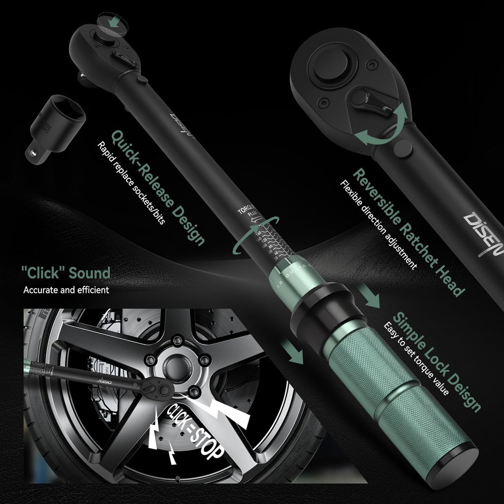 DISEN 9PCS Click Torque Wrench Set 1/4" 3/8" 1/2" Drive 20-220 In.lb, 5-45 Ft.lb, 10-170 Ft.lb with 6 Adapters, ±3% Accuracy, 72-Tooth, Dual Scale, Storage Case for Bike, Motorcycle, Car, Truck Repair
