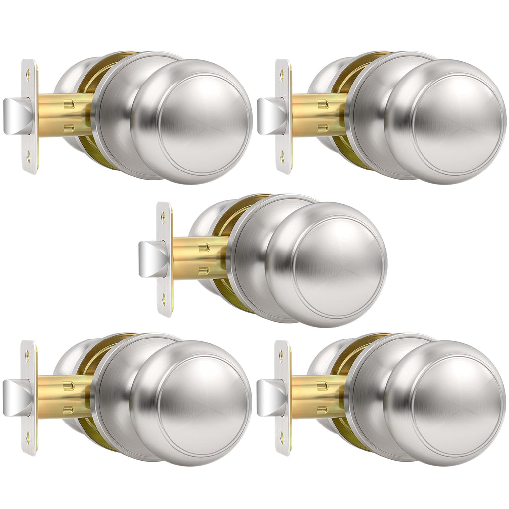 Vesmikit 5 Pack Brushed Nickel Door Knob, Round Interior Door Knobs for Hallway Closet, Non-Locking Passage Door Knobs, Keyless Door Handles for Left/Right Handle Doors