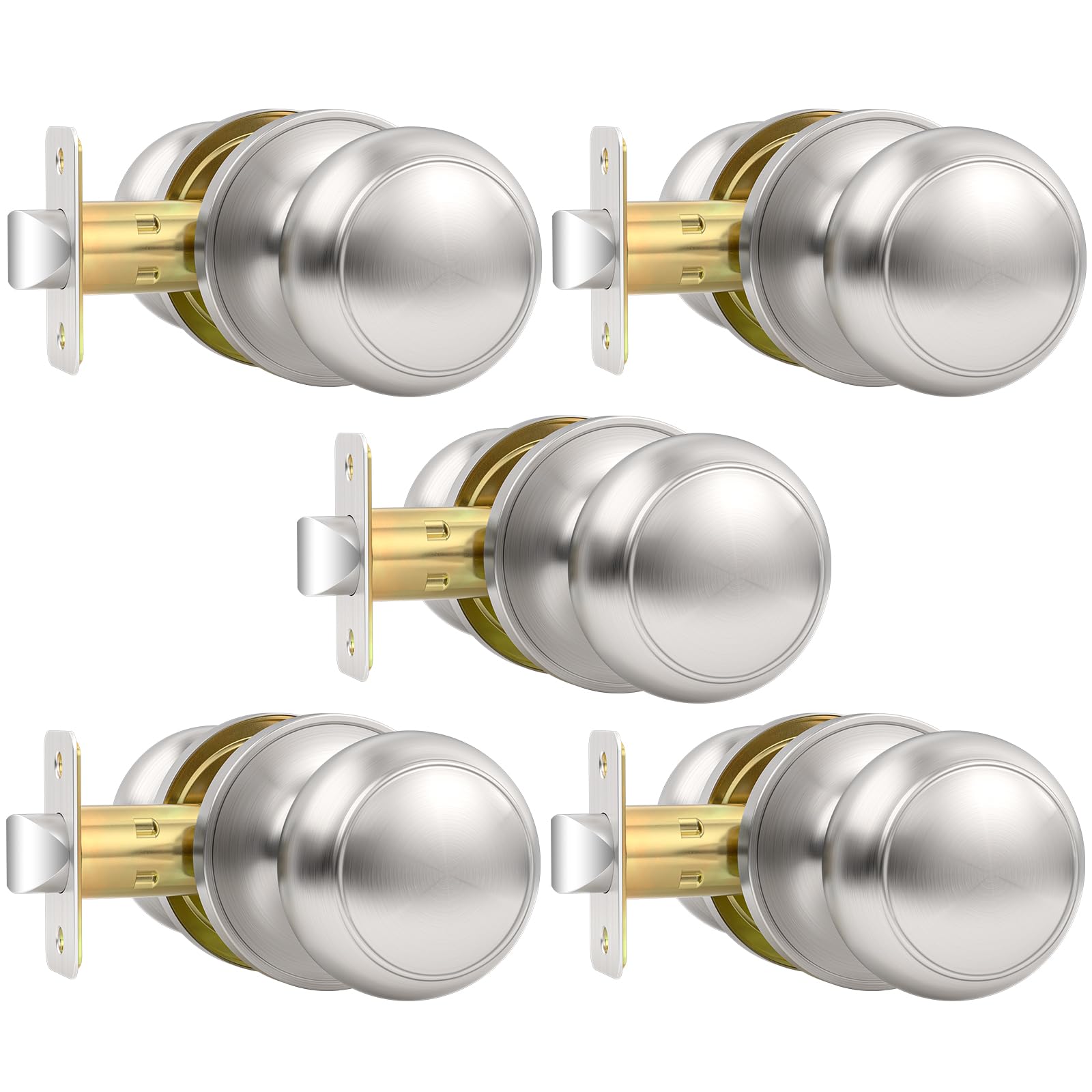 Vesmikit 5 Pack Brushed Nickel Door Knob, Round Interior Door Knobs for Hallway Closet, Non-Locking Passage Door Knobs, Keyless Door Handles for Left/Right Handle Doors