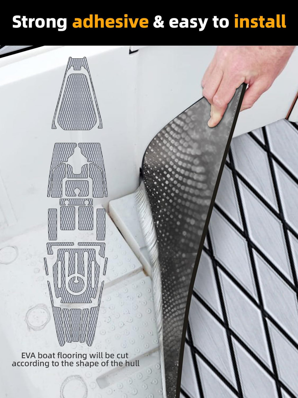 FOCEAN Boat Flooring EVA Foam Boat Decking Marine Mat Non-Slip Self-Adhesive Flooring Sheet for Motorboat Jon Boats Bass Boat Kayak RV Floor, 94.5''x 15.7'', Grey with Black Lines