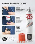 NEON Butane Refill 420ml, 11X Ultra Refined 0 Impurities Butane Fuel, Premium Universal Lighter Fluid with Metal Nozzle and 5 Butane Gas Refill Adapters for Refillable Lighters and Torches, 12 Cans