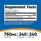 Nutricost GABA (Gamma Aminobutyric Acid) 750mg, 240 Capsules, 240 Servings - Non-GMO, Gluten Free