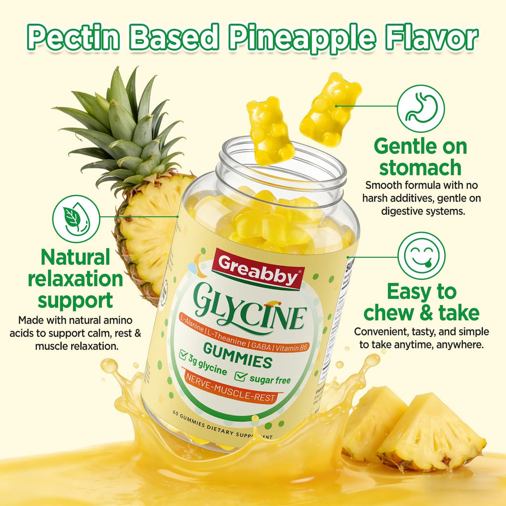 GREABBY Glycine 3g Gummies, with Alanine 1000 mg for Sleep Muscle Relaxation, L Theanine, GABA, Vitamin B6, Glycine Supplements for Adults Sleep, Sugar Free Pineapple Flavor, 60 Gummies