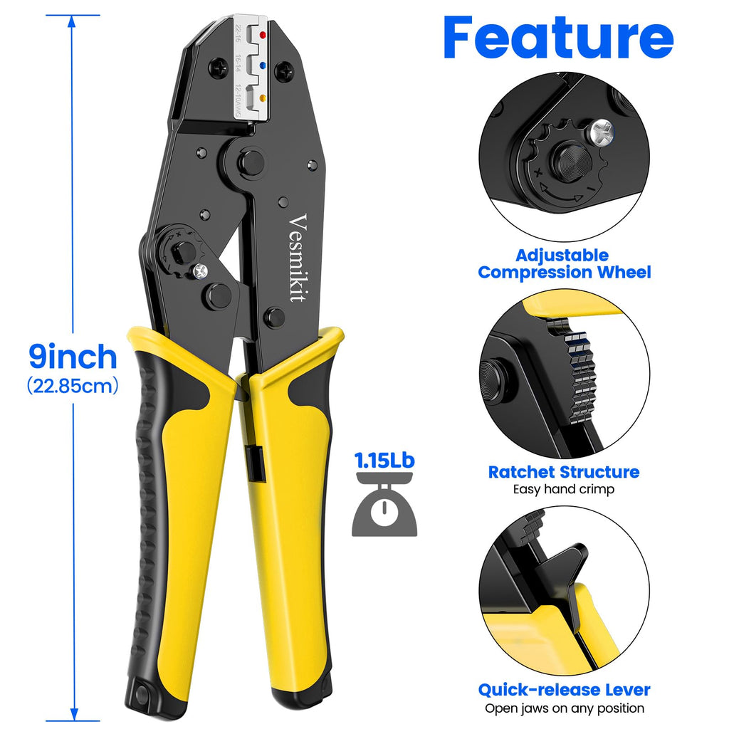 Vesmikit Crimping Tool Set 8PCS - Ratchet Wire Crimping Tool for Heat Shrink,Insulated Nylon,Non-Insulated,wire ferrules,Open Barrel Terminals,Solar Connectors - Crimper with 6 Interchangeable Die