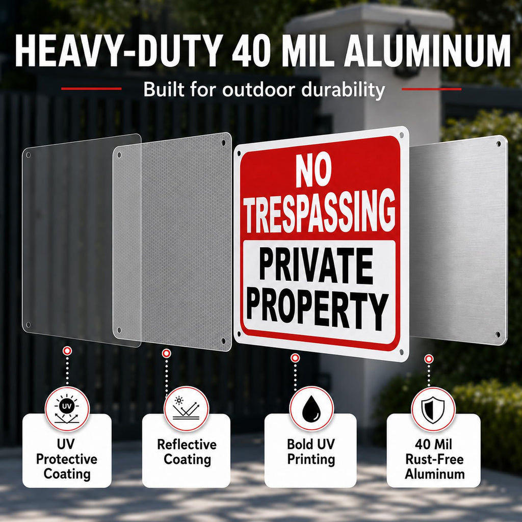 4 Pack No Trespassing Signs Private Property – 10x7 Inch 40 Mil Rust Free Aluminum, Reflective Warning Signs, UV Printed, Weatherproof Outdoor High Visibility Security Sign for Fence, Gate & Yard