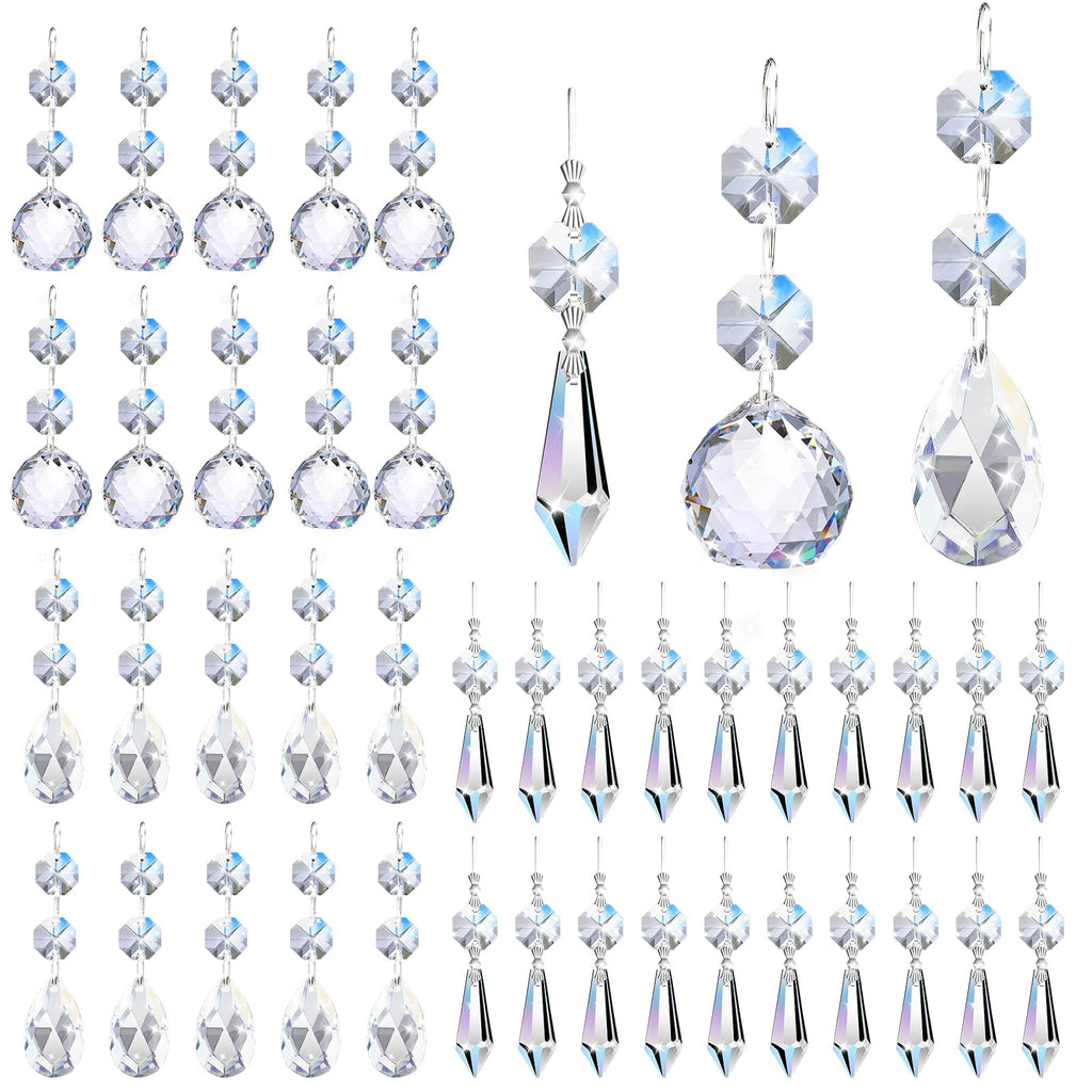 Milkary 44 Pack Chandelier Crystal Prism Replacement, 38mm Hanging Clear Crystal Glass Bead Prisms 20mm Chandelier Crystals Modern for Foyer Wedding Lamp Windows Christmas Tree Decoration