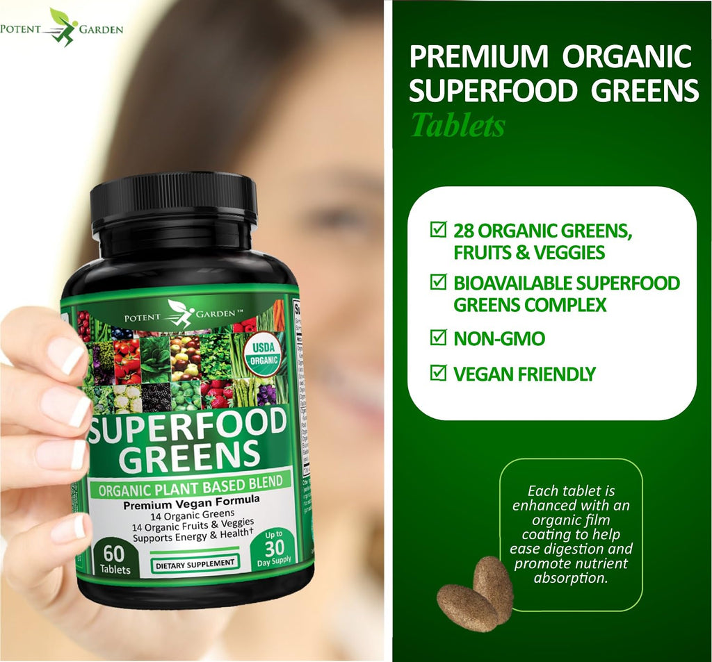 Potent Garden Super Greens Capsules, Fruits and Veggies Supplement, Organic Greens Tablets with Alfalfa Beet Root & Tart Cherry, Daily Nutrition Support, 60 Ct