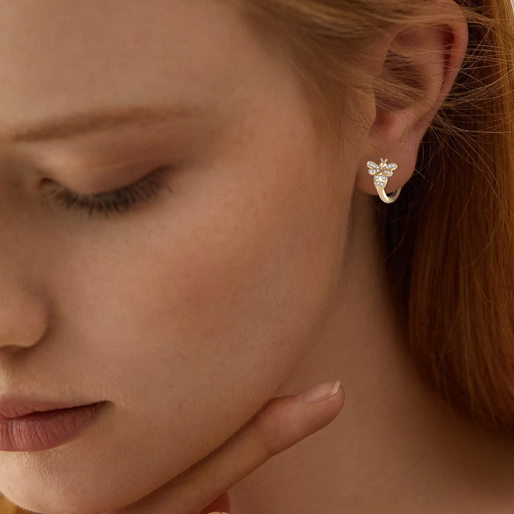 18K Gold Bee Earrings for Women, Hypoallergenic Stud with Cubic Zirconia, Hoop Earrings for Women, Gold/Silver Colors