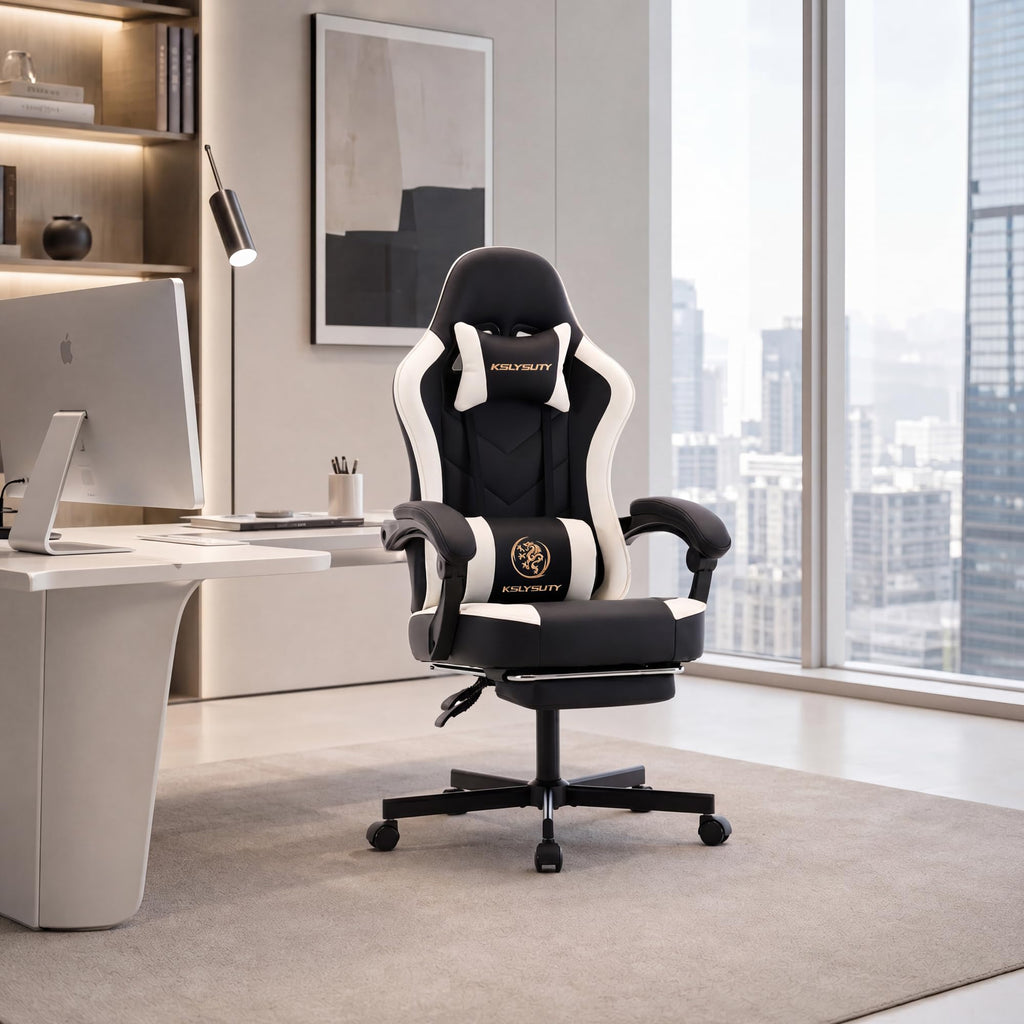 Kslysuty Desk Computer Gaming Chair - High Back Ergonomic Office Chair with Footrest and Lumbar Support, Swivel Comfy Home Gamer Video Game Chairs with Pocket Spring Cushion for Adults (White Leather)