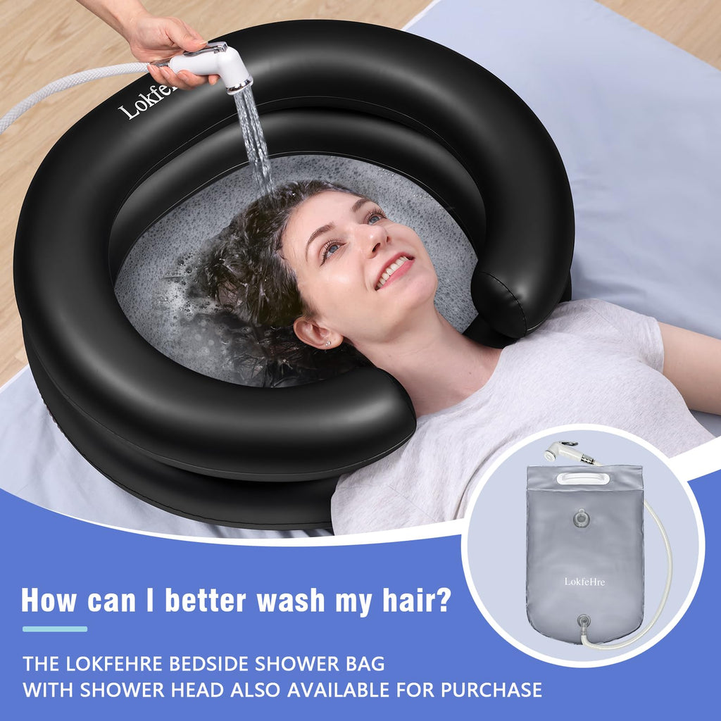 Portable Inflatable Hair Washing Basin for Bedridden - Wash Hair in Bed with Inflatable Shampoo Bowl.For Elderly,Disabled,Injured,Ideal Inflatable Sink for Locs Detox (Black, 18in Inner)
