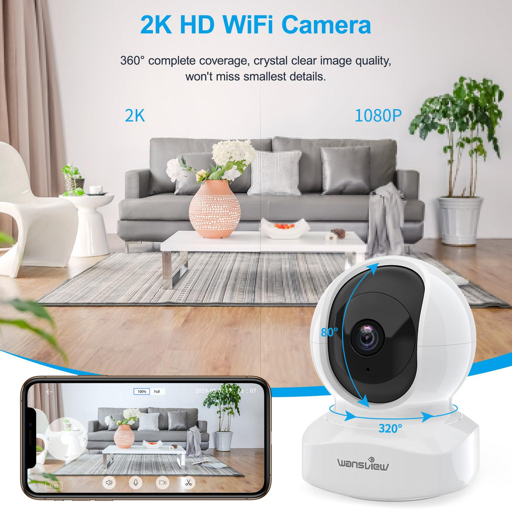 Home Security Camera, Baby Camera, 2K wansview WiFi Camera for Pet/Nanny, Motion Alerts, 2 Way Audio, Night Vision, Compatible with Alexa Echo Show, with TF Card Slot and Cloud