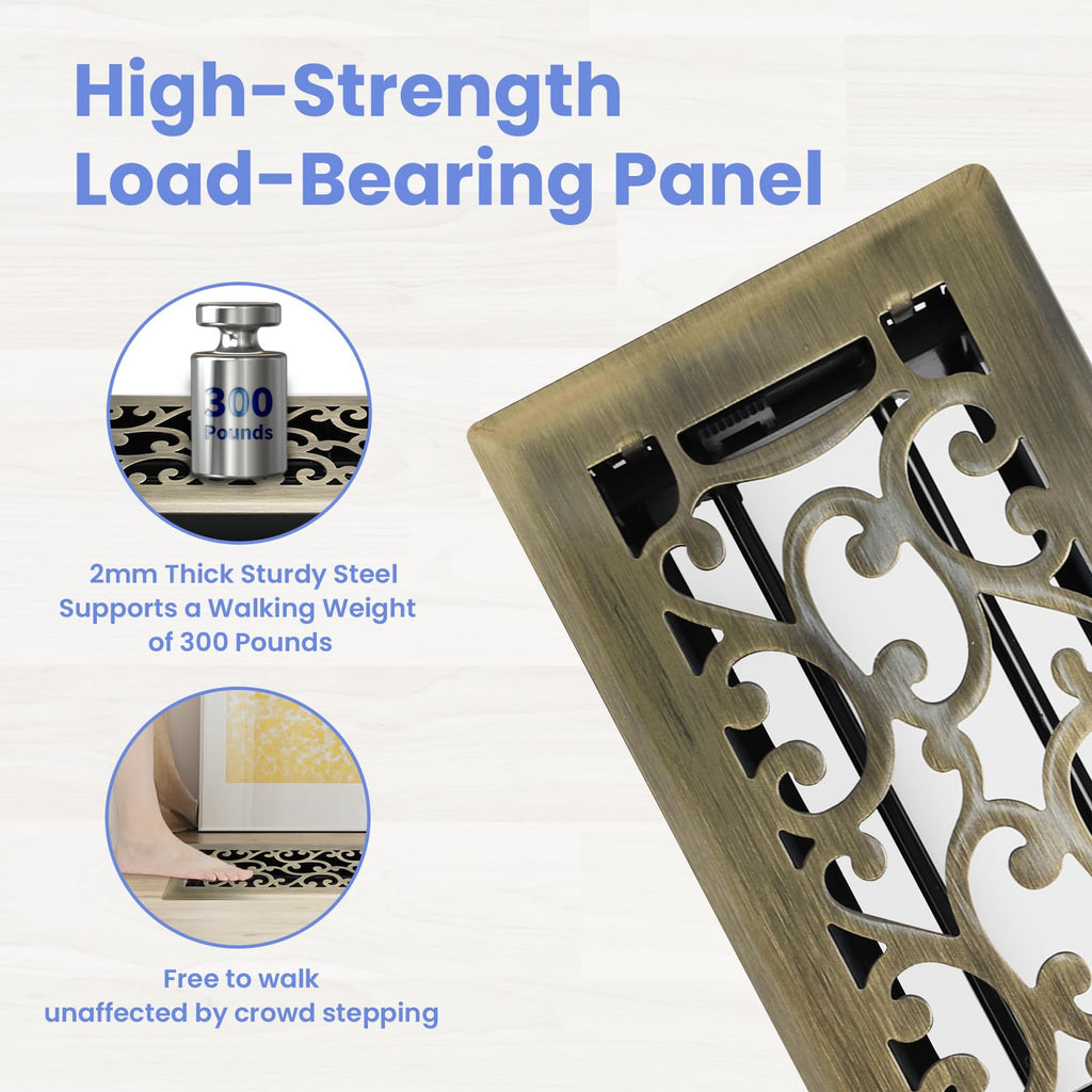 Howeall 4x14 Inches 2 Pack Heavy Duty Walkable Floor Register - Easy Adjust Air Supply Lever Decorative Floor Vent Covers, Savannah Design Vent Covers for Home - Antique Brass