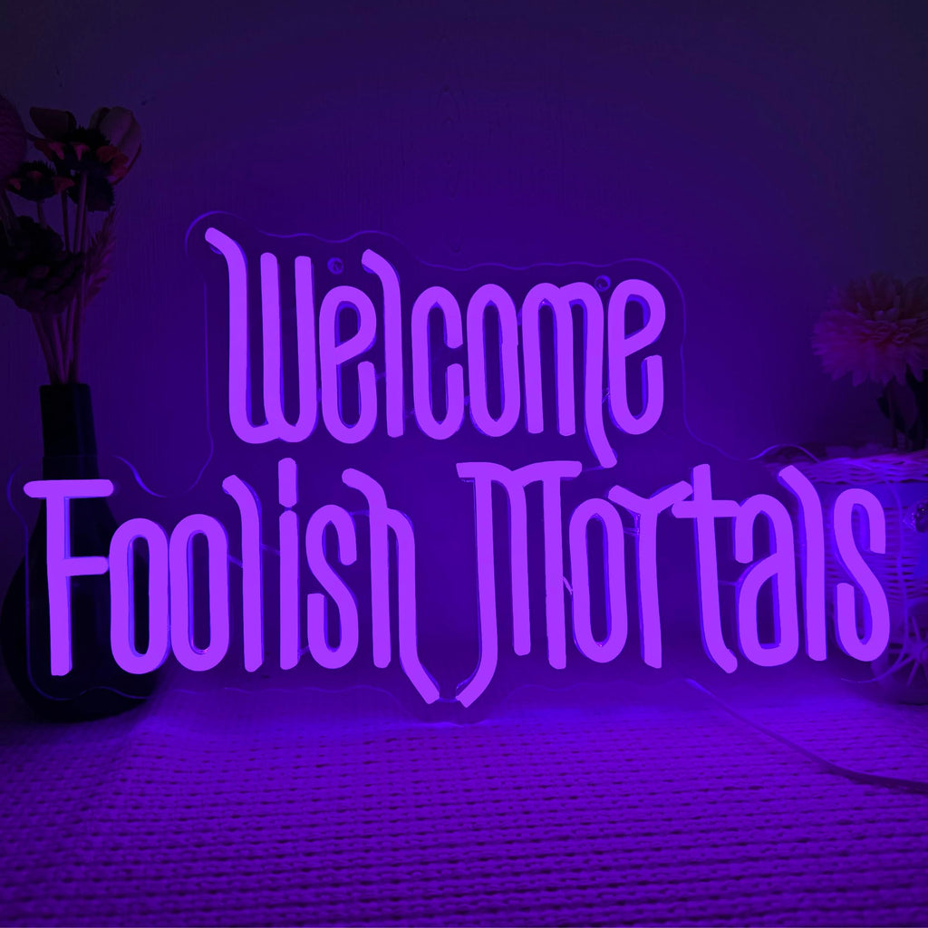Welcome Foolish Mortals Neon Sign, Halloween Neon Light Spooky Gothic Haunted Mansion LED Coffin Decor USB Powered, for Horror Movie Party Haunted House Man Cave Home Room Themed Bars(16.1 * 9.4 In)