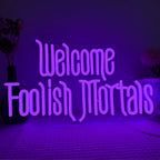 Welcome Foolish Mortals Neon Sign, Halloween Neon Light Spooky Gothic Haunted Mansion LED Coffin Decor USB Powered, for Horror Movie Party Haunted House Man Cave Home Room Themed Bars(16.1 * 9.4 In)