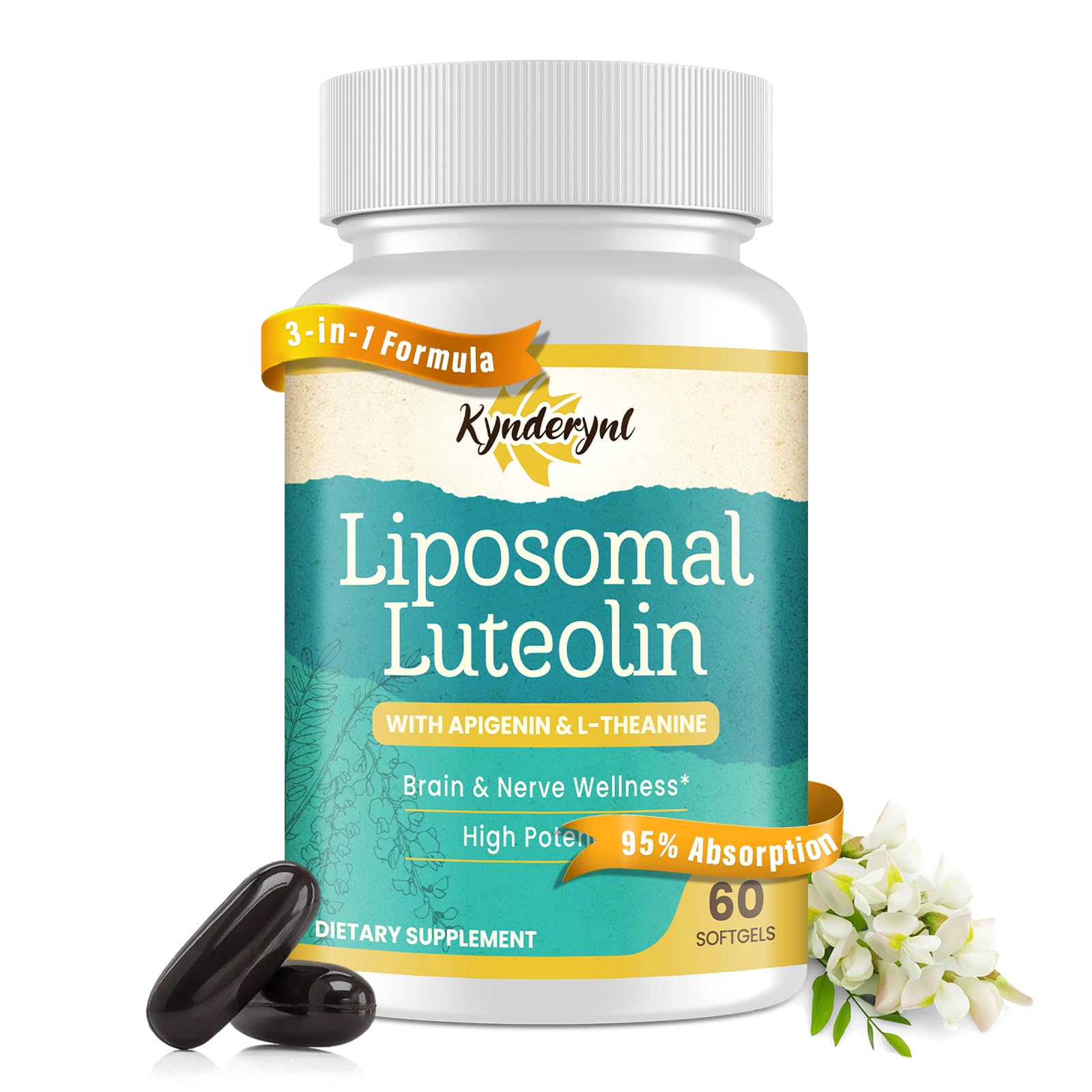Kynderynl Liposomal Luteolin 200mg – Luteolin Supplement & Brain Supplement for Memory and Focus with Apigenin & L-Theanine – Non-GMO, Gluten-Free, 60 Softgels