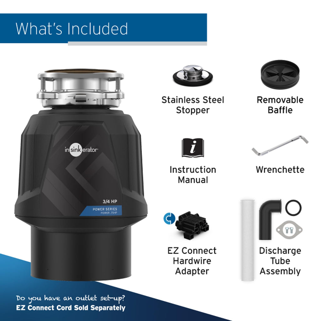 InSinkErator Power .75HP, 3/4 HP Garbage Disposal, Power Series EZ Connect Continuous Feed Food Waste Disposer, Black