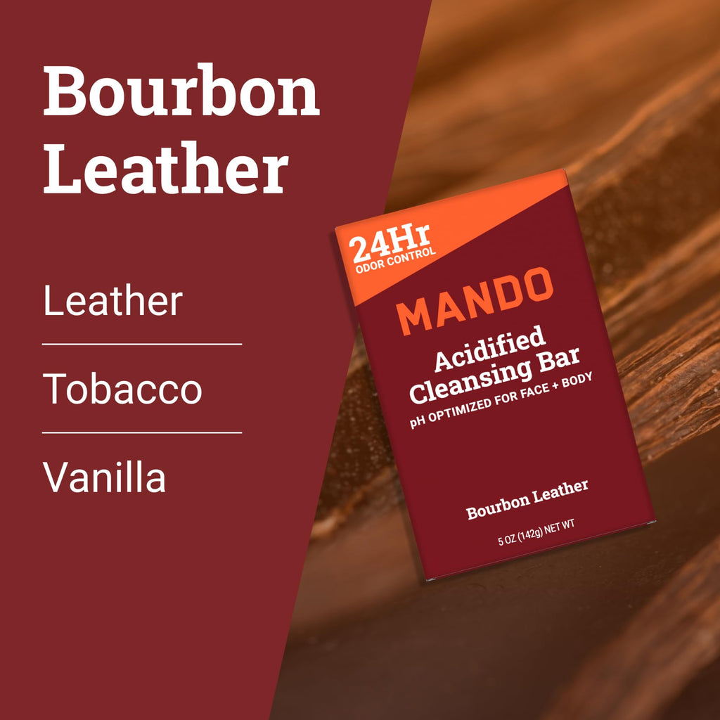 Mando Acidified Cleansing Bar - 24-Hour Odor Control - Removes Odor Better than Soap - Moisturizing Formula - SLS Free, Paraben Free - Safe For Sensitive Skin - Bourbon Leather