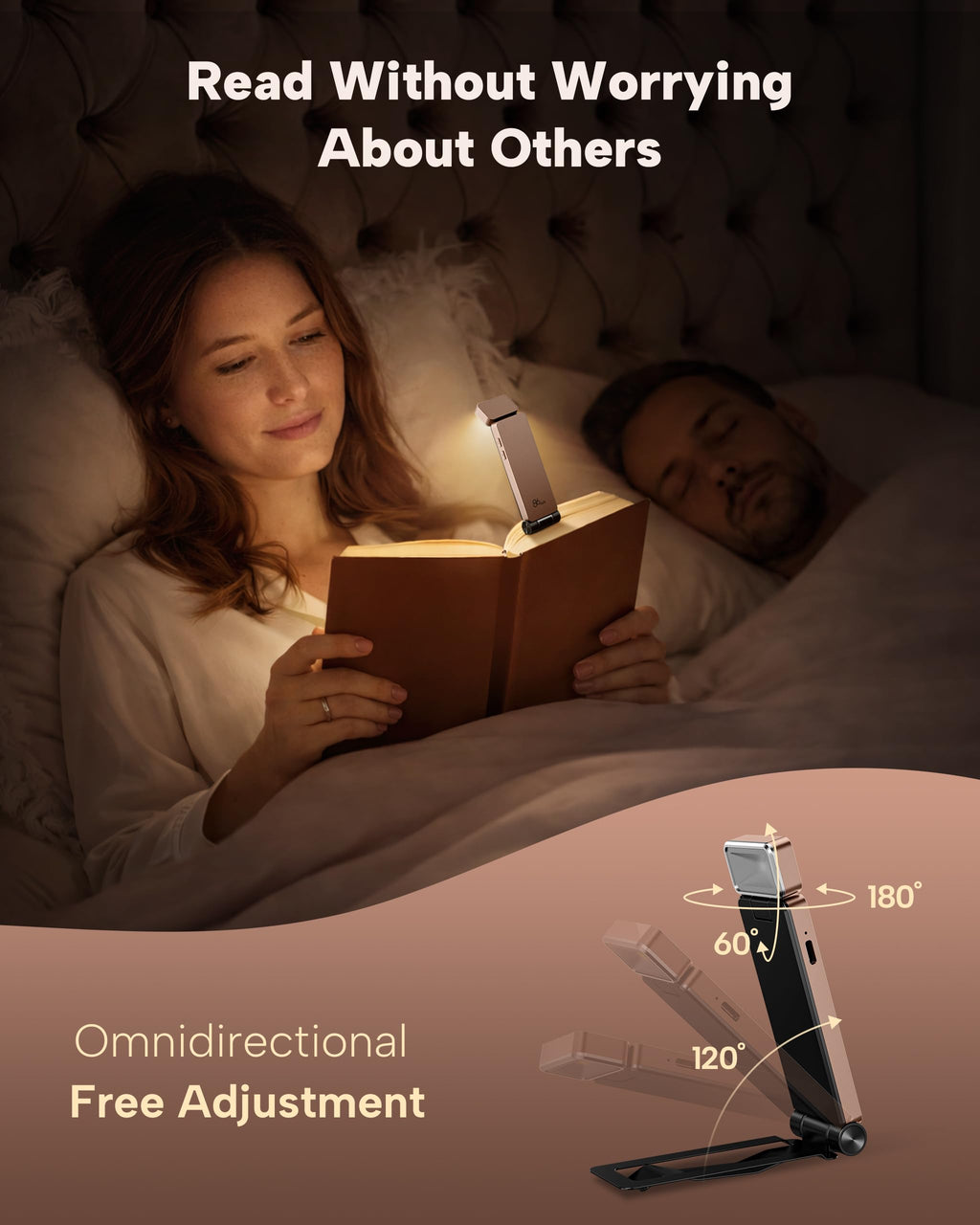 86lux Book Light, Rechargeable Clip-On LED Reading Light for Bed & Night Use - 3 Color Temperatures with Stepless Dimming, Ultralight Bookmark Design for Kids, Book Lovers, Pink Brown