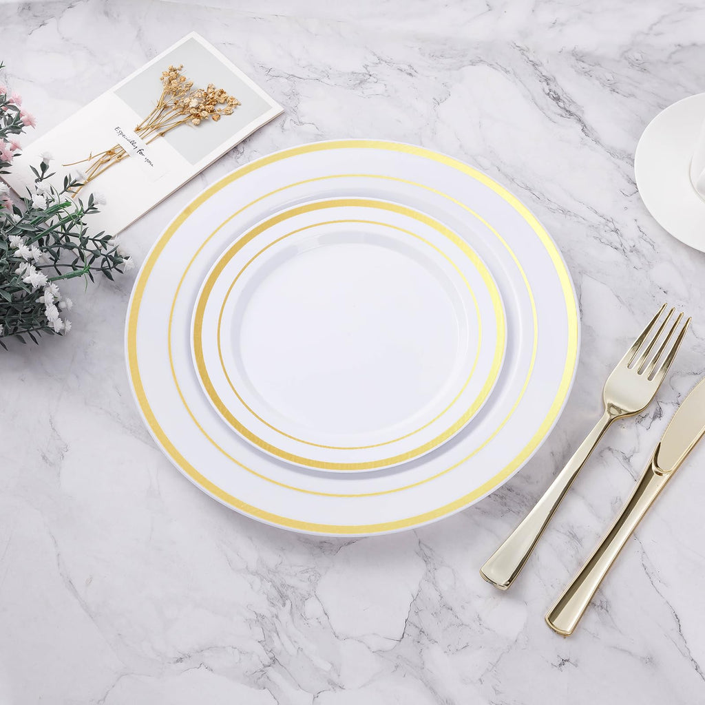 BESTVIP 100Pcs Gold Plastic Plates, 10.25 Inch Disposable Dinner Plates