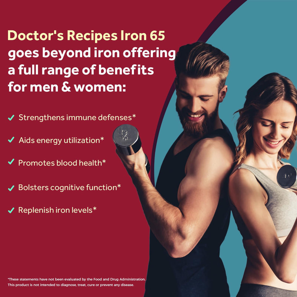 Doctor's Recipes Iron Supplement 65 mg with Vitamin C - Maximized Absorption & Stomach Friendly Iron Pills for Red Blood Cells Formation, Heart, Brain & Immunity Health - Vegan Non-GMO 120 Iron Tabs