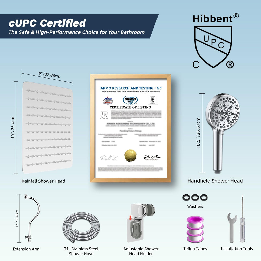 Hibbent All Metal CUPC Certified Shower Head, 10'' High Pressure Rainfall Shower Head, Handheld Showerhead Combo, 12'' Adjustable Extension Arm, 10 Sprays, 71'' Shower Hose, Showerhead Holder, Chrome