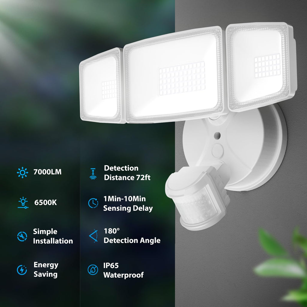 Onforu 75W LED Flood Light Motion Sensor Outdoor, 7000lm Dusk to Dawn Flood Light, Security Light with Three Head, IP65 Waterproof Exterior Floodlight, 6500k Wall Light for Entryway Stairs Yard Garage
