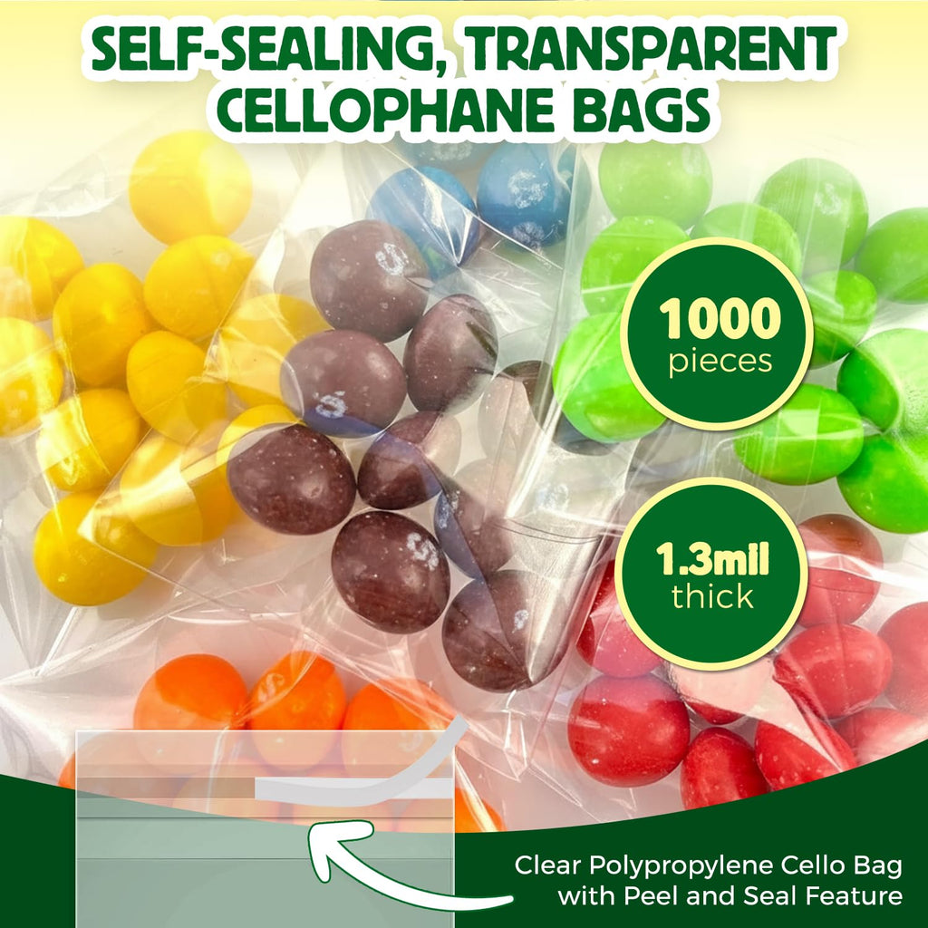 Seal Fresh Self Sealing Cellophane Bags - 2" x 2" (1000 Count) - Clear Plastic Resealable Cello Bag - Cellophane Treat Bags, Cookie Bags for Packaging, Candy bags, Cello Bags, Pastry Bags