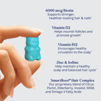 SugarBearPro Hair Vitamin Gummy 1 Month Supply, Extra Strength Biotin 6000mcg for Hair Growth, Vegan Vitamin B12, MSM, Inositol, Omega 3, Elderberry, Certified Kosher, Halal, Cruelty-Free