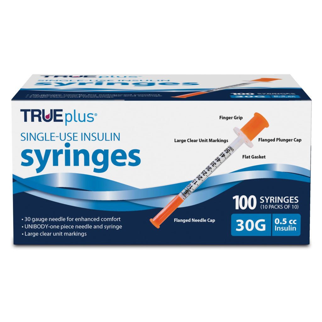 TRUEplus Single-Use Insulin Syringes, 30G 0.5cc 5/16 Inch Needle Length, 100 Count (10 Packs of 10)