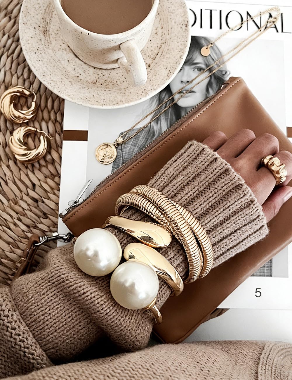 Chunky Gold Bangle Bracelets for Women, Dainty 14k Gold Plated Big Pearl Bangles Set, Trendy Statement Cuff Bracelet Stack Fashion Jewelry Gifts Summer Vacation Outfits