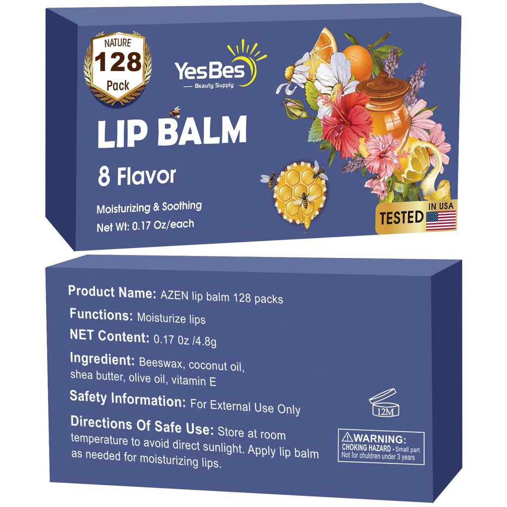 YesBes 128 Pack Lip Balm, Natural Lip Balm Bulk with Vitamin E and Coconut Oil, Moisturizing Lip Balms for Dry Cracked Lips, Lip Balms for Valentines Gifts Stocking Stuffers - 8 Flavors