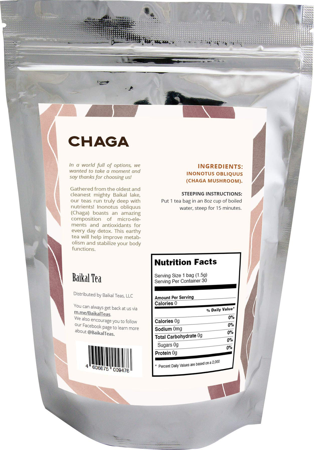 Chaga Tea - 100% Wild Siberian Birch Chaga Mushroom - Organic - 30 Unbleached Tea Bags - Pure No Additives - Natural Detox and Digestive Support - Hand-Picked by Baikal Tea
