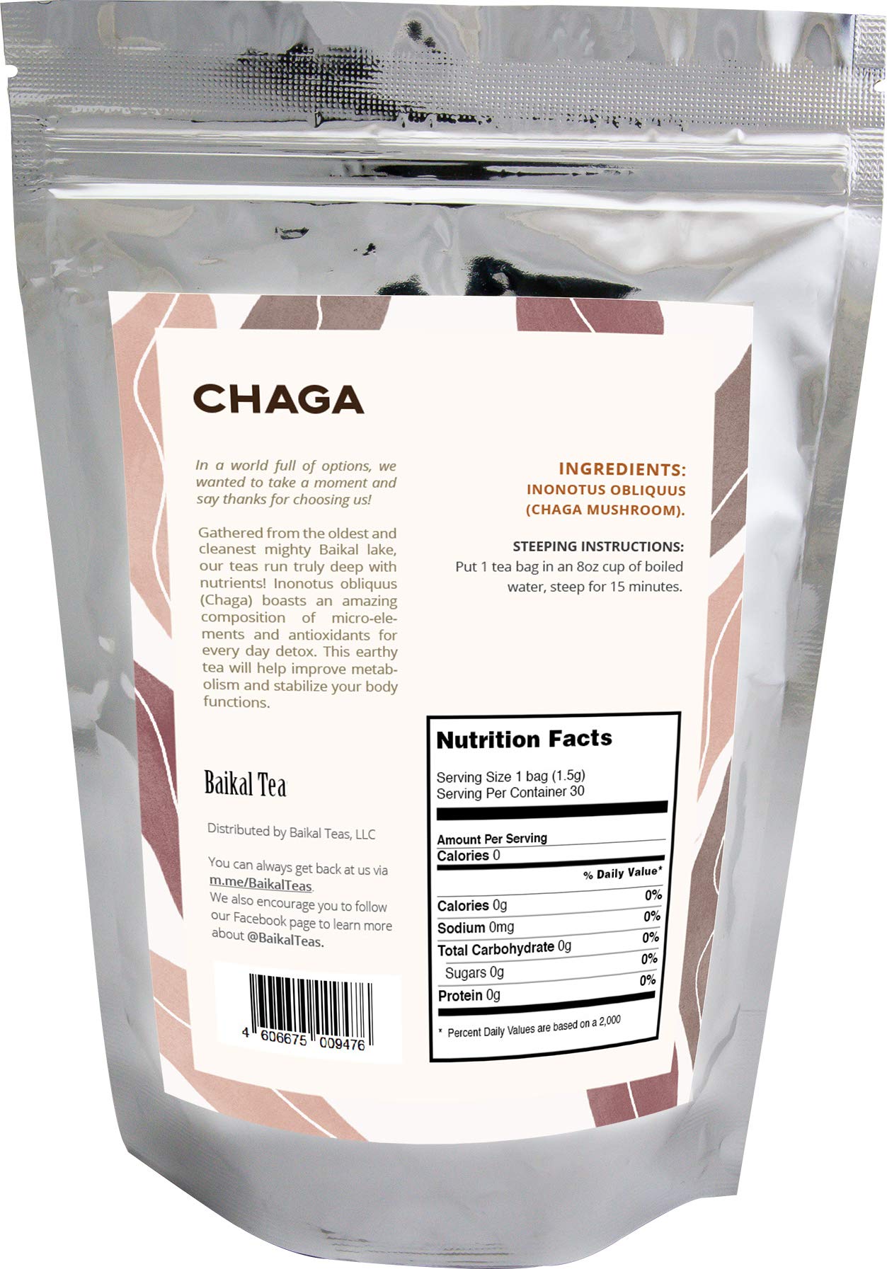 Chaga Tea - 100% Wild Siberian Birch Chaga Mushroom - Organic - 30 Unbleached Tea Bags - Pure No Additives - Natural Detox and Digestive Support - Hand-Picked by Baikal Tea