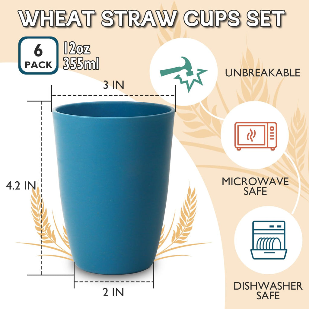 Wrova Wheat Straw Cups 6 PCS Good Alternative to Plastic Reusable Cups 12 oz Unbreakable Drinking Cup Reusable Dishwasher Safe Water Plastic Glasses with 6 Colors