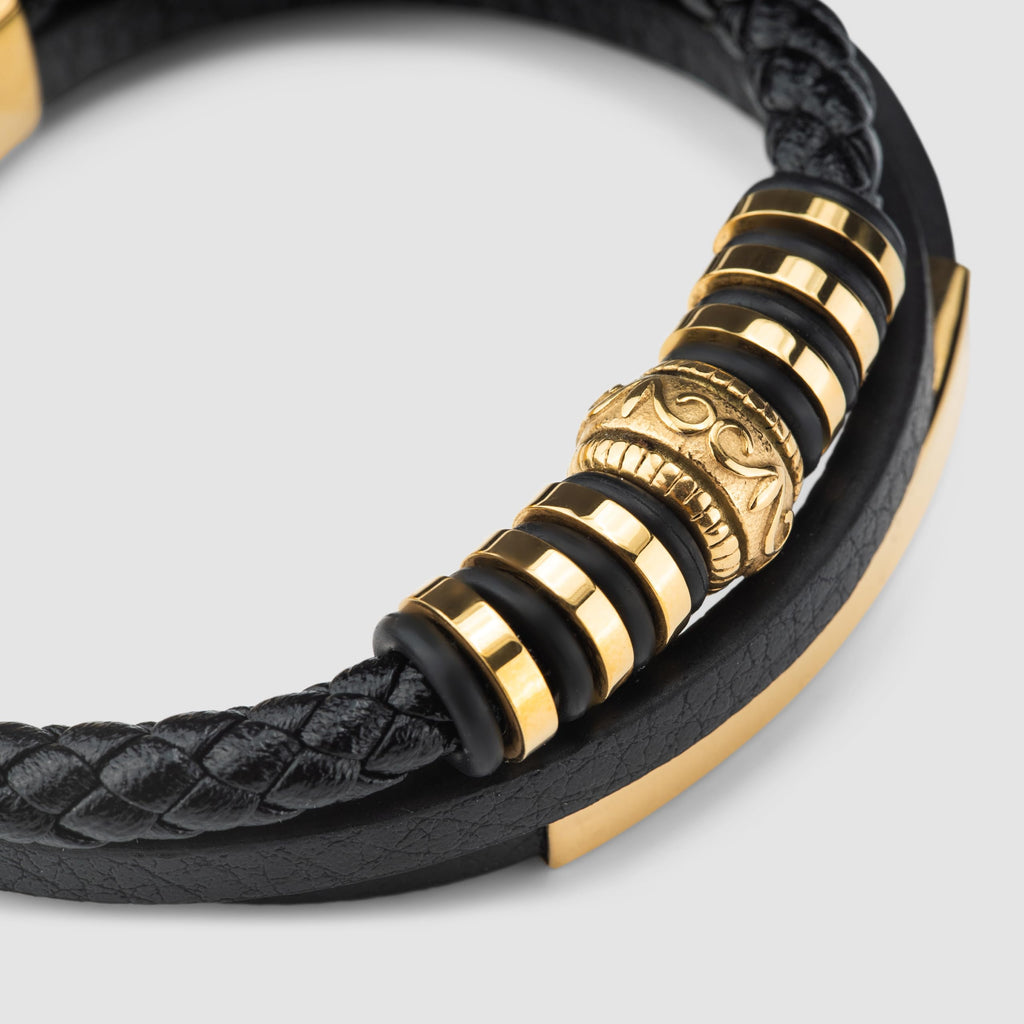 SERASAR Leather Men Bracelet Black Gold Steel Braided Jewelry Gift 8 inch