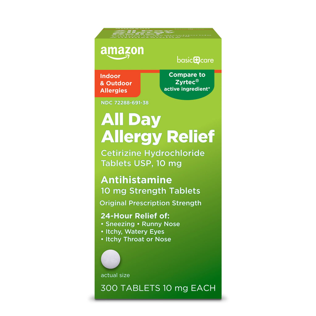 Amazon Basic Care All Day Allergy, Cetirizine Hydrochloride Tablets, 10 mg, 24-Hour Relief for Allergy, 300 Count (Packaging may vary)